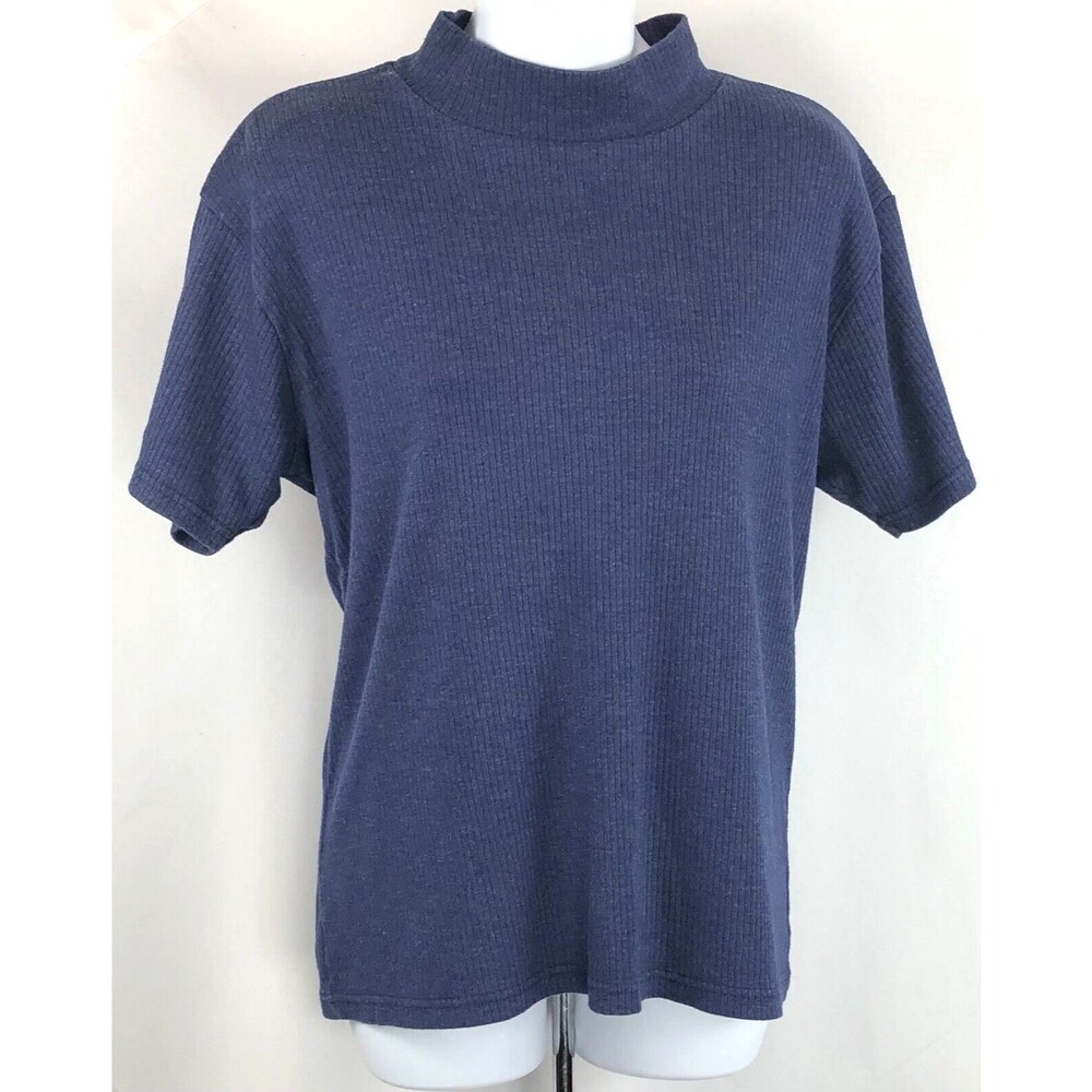Vintage Bobbie Brooks MockNeck Top L Blue Ribbed Knit ShortSleeve 90s Y2K Preppy